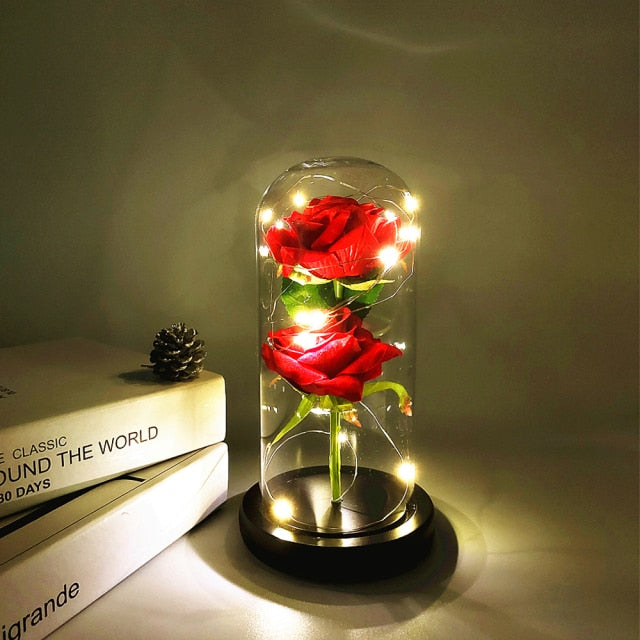 Rose éternelle, galaxie, dans un dôme de verre sur une base en bois - Plusieurs couleurs disponibles