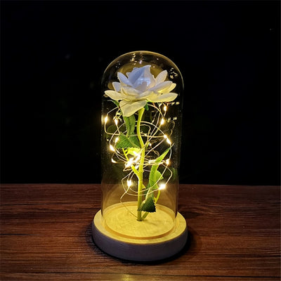 Rose éternelle, galaxie, dans un dôme de verre sur une base en bois - Plusieurs couleurs disponibles