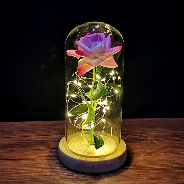 Rose éternelle, galaxie, dans un dôme de verre sur une base en bois - Plusieurs couleurs disponibles