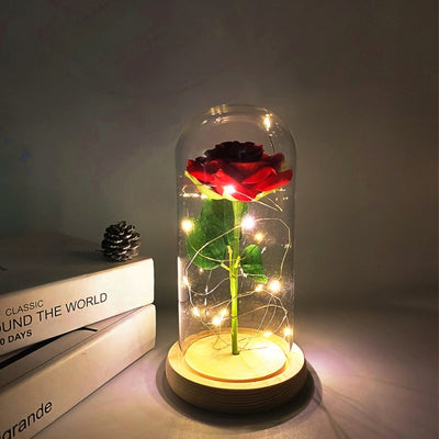 Rose éternelle, galaxie, dans un dôme de verre sur une base en bois - Plusieurs couleurs disponibles