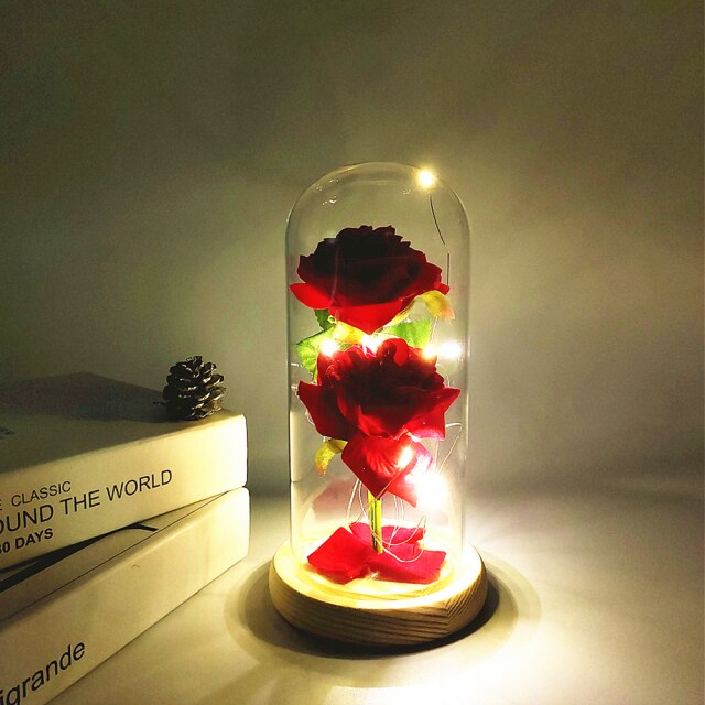 Rose éternelle, galaxie, dans un dôme de verre sur une base en bois - Plusieurs couleurs disponibles