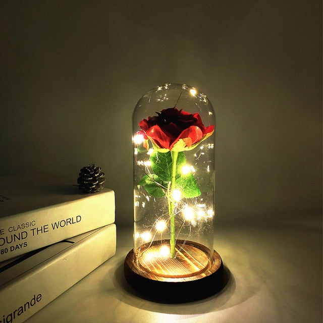 Rose éternelle, galaxie, dans un dôme de verre sur une base en bois - Plusieurs couleurs disponibles