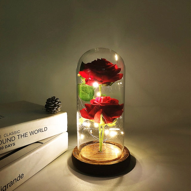 Rose éternelle, galaxie, dans un dôme de verre sur une base en bois - Plusieurs couleurs disponibles