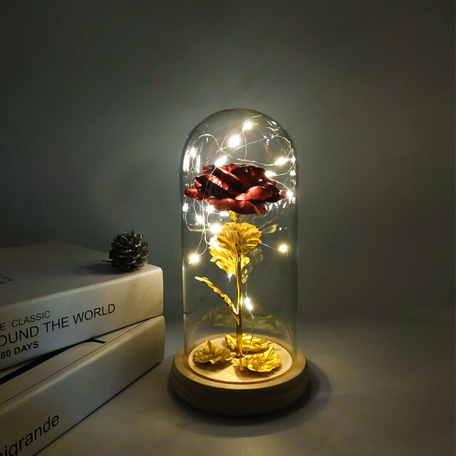 Rose éternelle, galaxie, dans un dôme de verre sur une base en bois - Plusieurs couleurs disponibles