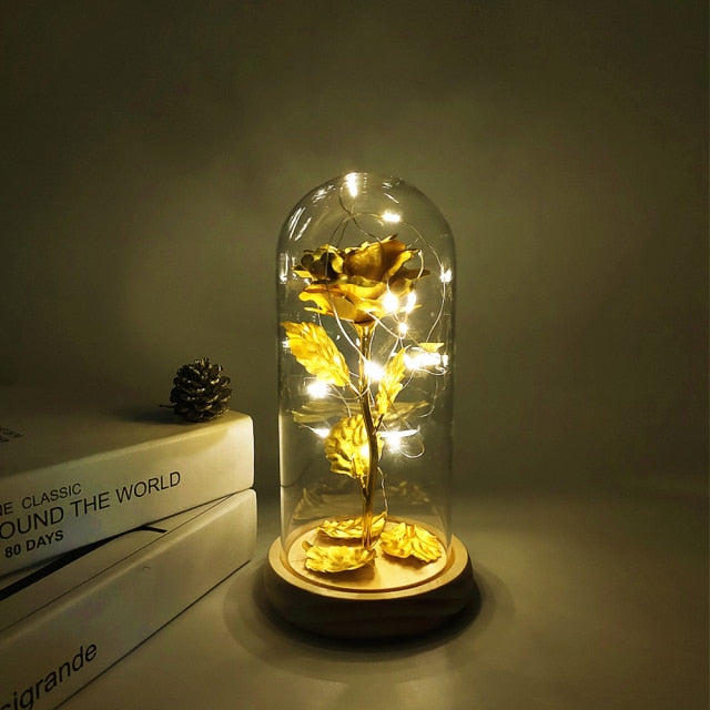 Rose éternelle, galaxie, dans un dôme de verre sur une base en bois - Plusieurs couleurs disponibles