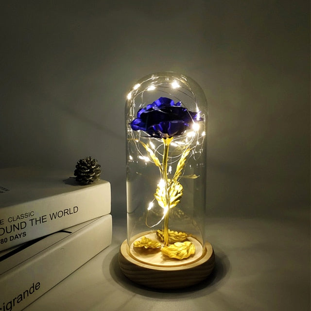 Rose éternelle, galaxie, dans un dôme de verre sur une base en bois - Plusieurs couleurs disponibles