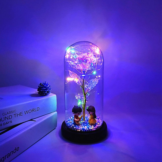 Rose éternelle, galaxie, dans un dôme de verre sur une base en bois - Plusieurs couleurs disponibles