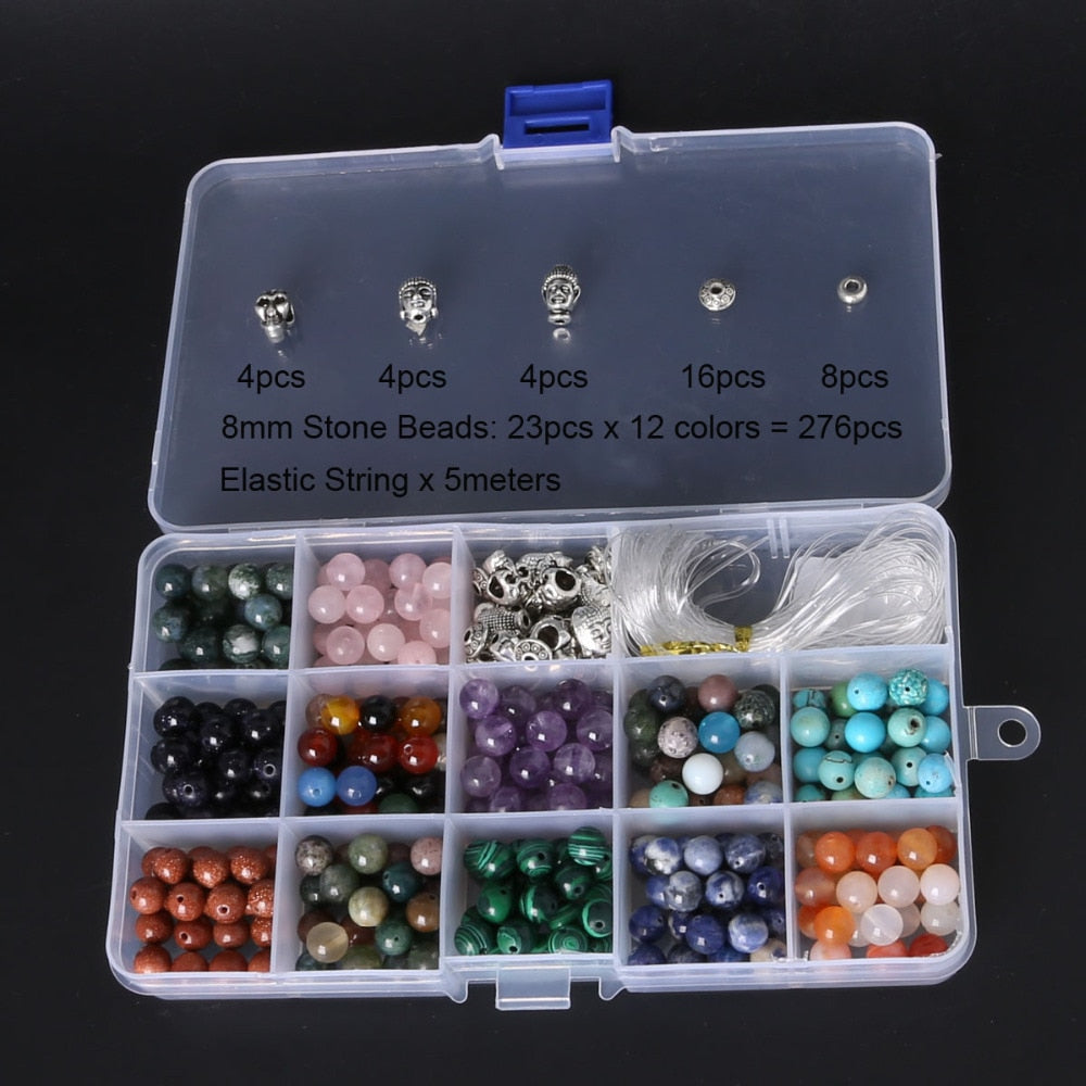 Round Natural Stone DIY Beads Kit for Bracelet Making ,Including Buddha& Skull beads & Elastic String