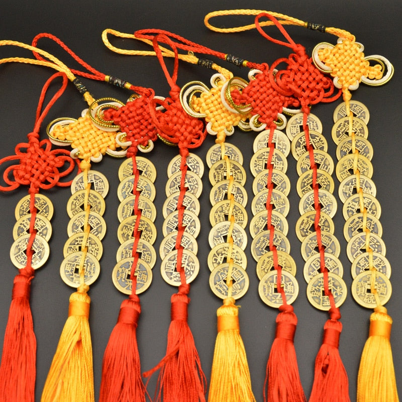 Amuleto de la suerte de Feng Shui chino, nudo manual, amuletos antiguos I CHING, monedas de cobre, mascota, protección de la prosperidad, buena fortuna, decoración del hogar y del automóvil