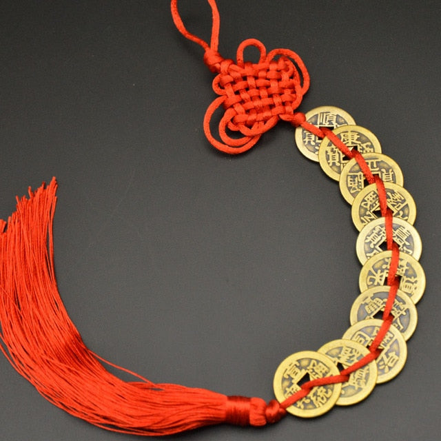 Amuleto de la suerte de Feng Shui chino, nudo manual, amuletos antiguos I CHING, monedas de cobre, mascota, protección de la prosperidad, buena fortuna, decoración del hogar y del automóvil