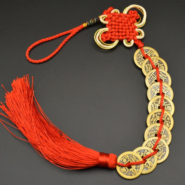Amuleto de la suerte de Feng Shui chino, nudo manual, amuletos antiguos I CHING, monedas de cobre, mascota, protección de la prosperidad, buena fortuna, decoración del hogar y del automóvil