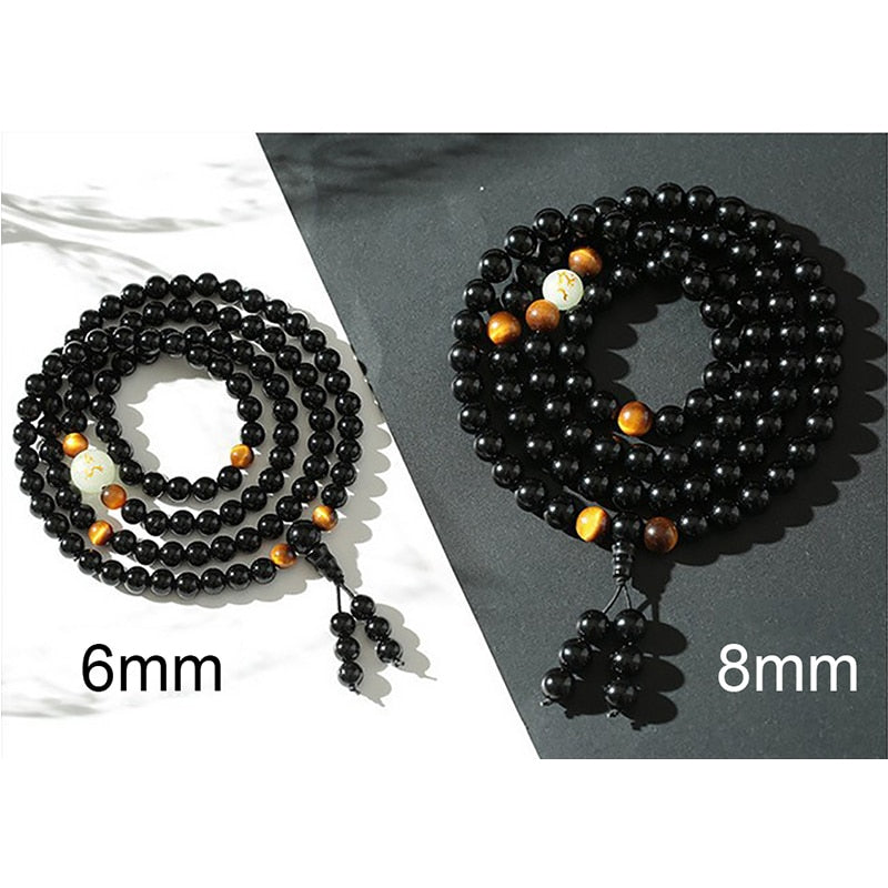 Bracelet Mala Dragon Lumineux en perles d'Onyx Noire et Oeil de tigre