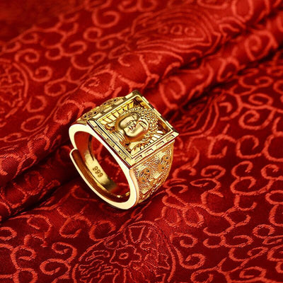 Anillo ajustable con cabeza de Buda chapado en oro